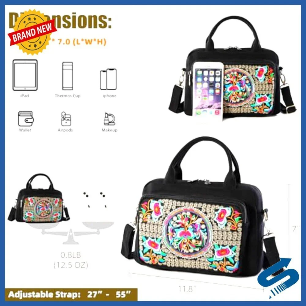 Embroidered Canvas Crossbody Bag Top Handle Handbag Chic Boho Casual